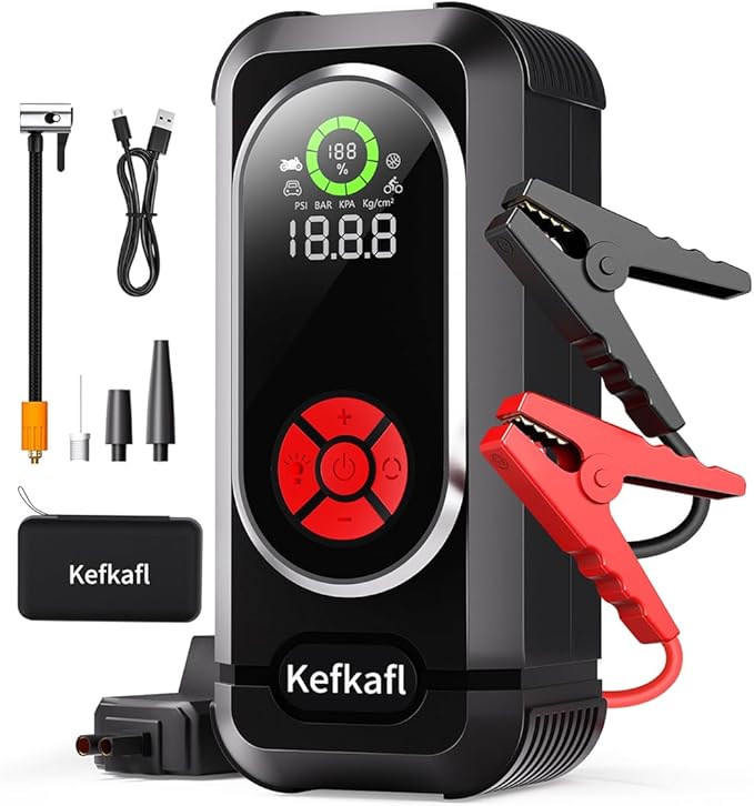 Jump Starter with Air Compressor, 5000A Car Battery Jump Starter Portable 150 PSI Tire Inflator Portable Air Compressor for Up to 10.0L Gas & 10.0L Diesel Engines, LED Light, Jumper Cables