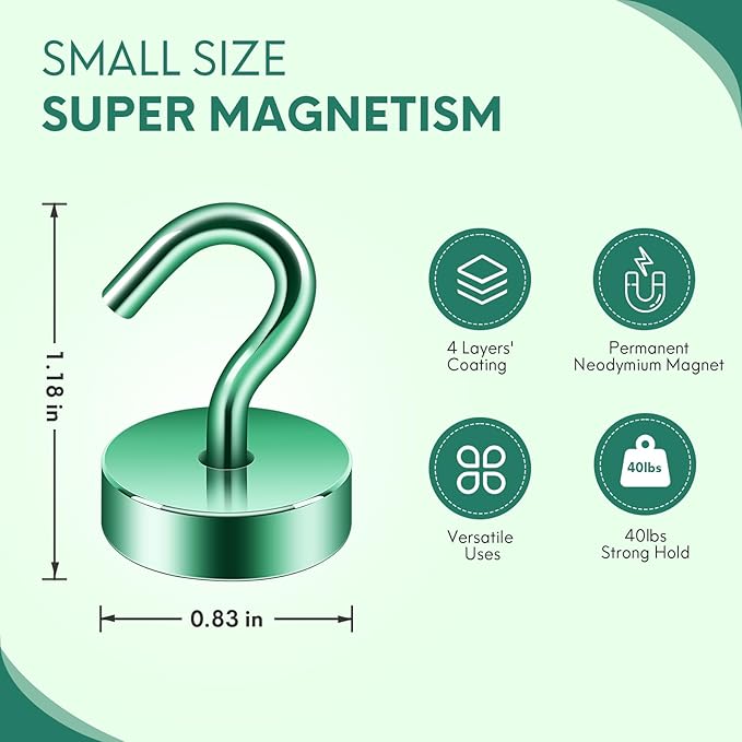 Neosmuk Magnetic Hooks, Cruise Ship Essentials, 40lb+ Heavy Duty Magnetic Hooks for Cruise Cabins, Refrigerator, Grill, Hanging, and Travel | Extra Strong Must-Haves Magnet Hook,Green,Pack of 10