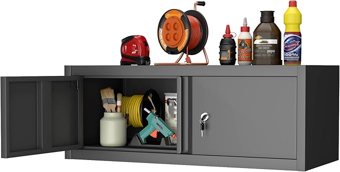 GREATMEET Metal Garage Storage Cabinets, Lockable Storage Cabinet with Doors, Wall Mount Cabinet Storage with Lock, Hanging Floating (Black, 13" H)