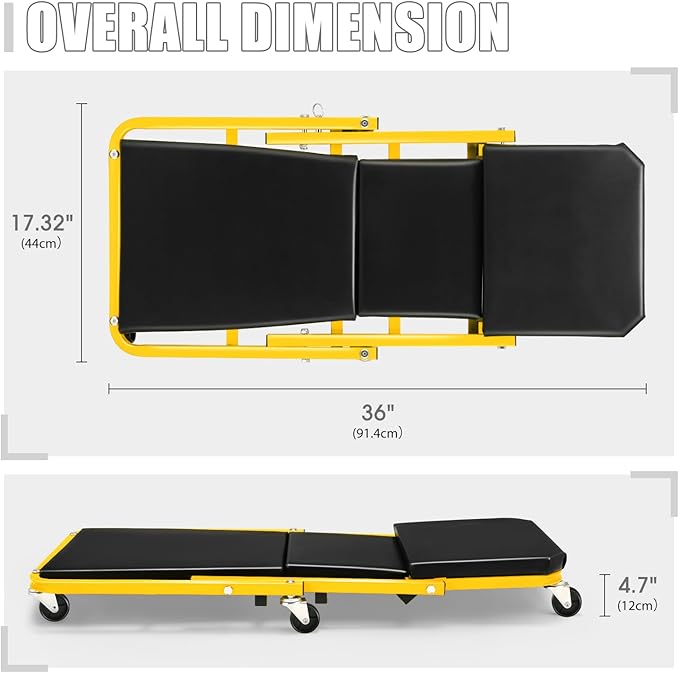 DNA MOTORING 36 Inches 2 IN 1 Rolling Folding Car Creeper/Seat, 6 Pcs 2" Casters, 150kg Weight Capacity, Yellow, TOOLS-00185-YL