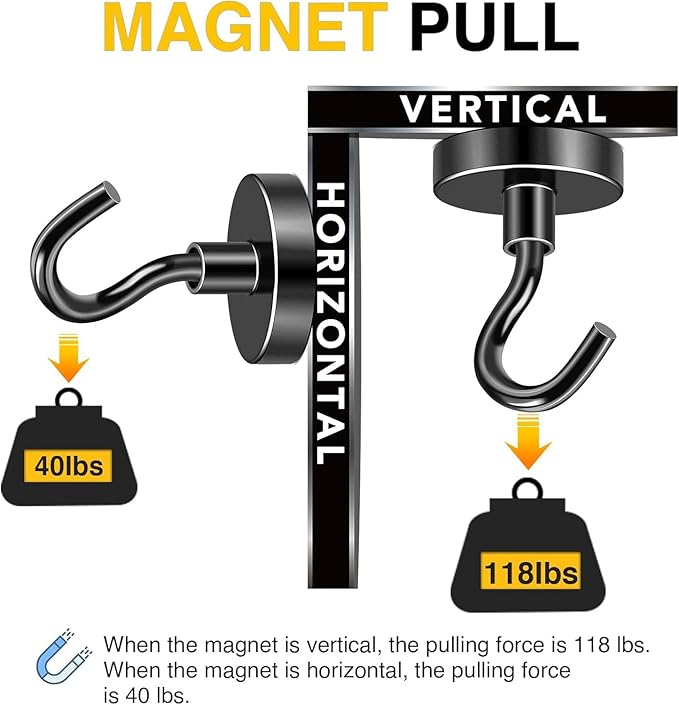 DIYMAG Black Magnetic Hooks, 118 LB Heavy Duty Strong Magnets with Hook, Rare Earth Neodymium Magnet for Cabins Cruise Ship Essentials 8 Packs