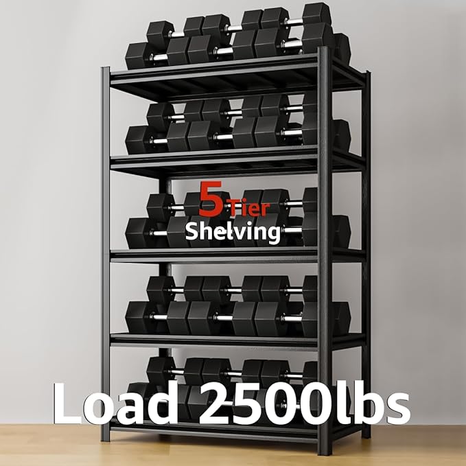 5 Tier Metal Shelving Unit, 72" H x 35.5" W Adjustable Storage Shelves, Heavy Duty Garage Shelves for Warehouse, Basement, Kitchen, Pantry, Living Room, 2500LBS, Black, 15.75" D