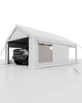 12x20 Ft Carport, Car Port with 200g PE Tarp, Roll-Up Doors, and 4 Windows, for Full-Size Pickups, Bass Boats, Tractors, and SUVs, White