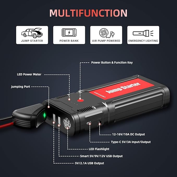 DBPOWER Jump Starter 2750A Peak 76.96Wh Portable Car Jump Starter (Up to 10L Gas/8L Diesel Engine) 12V Auto Battery Booster Pack with Smart Clamp Cables, Quick Charger, LED Light Jump Box