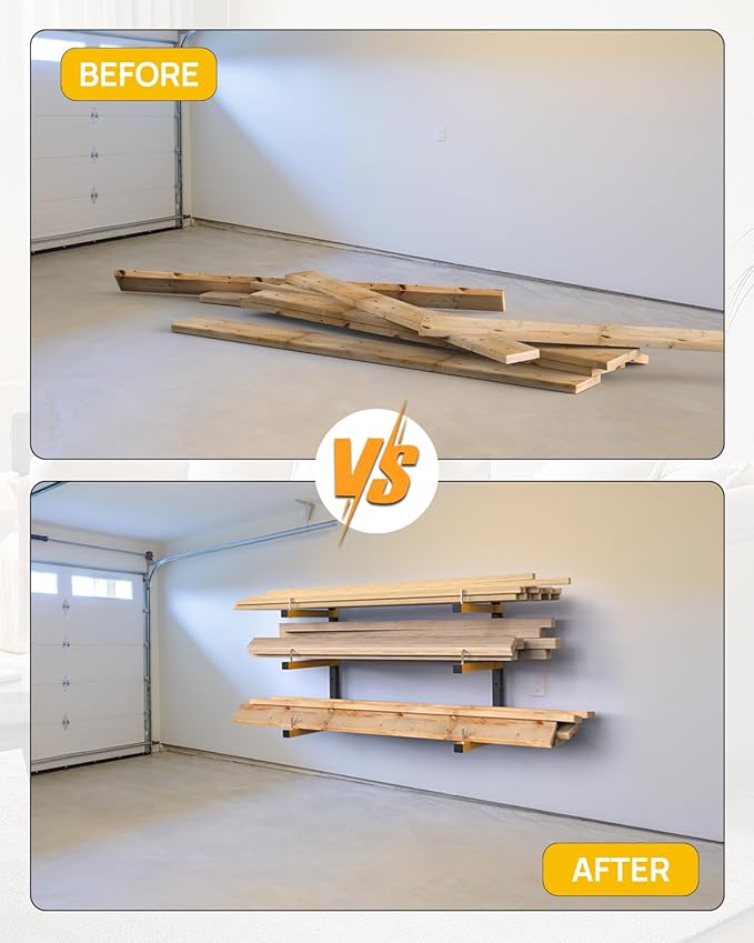 Lumber Rack Wall Mount Storage Racks Folding Wood Organizer Heavy Duty Shelf Brackets With 6-Level 720 Lbs Capacity Yellow Metal Utility Racks Garage Wall Shelving for Indoor and Outdoor Use (4 Pack)