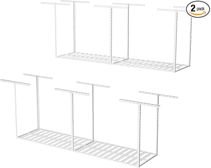 SunsGrove 2x8 Garage Overhead Storage Rack, Adjustable Heavy Duty Hanging Garage Storage Shelves, Ceiling Mounted Storage Racks, 800LBS Weight Capacity, 22"-40" Ceiling Dropdown, 2 Packs, White