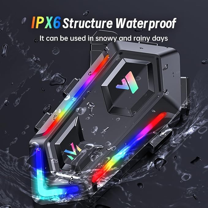 Motorcycle Helmet Bluetooth Headset, Cool RGB Dazzling Lights Motorbike Helmet Speaker Double Noise Cancellation Intercom Communication Systems with IPX6 Waterproof/Strong Bass for Dirt Bike