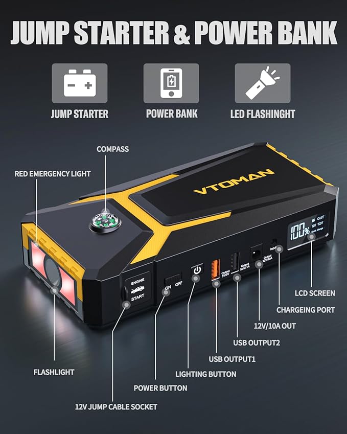 VTOMAN V8 Pro 3000A Jump Starter, Car Battery Charger Jump Starters for Up 8.5L Gas and 6.5L Diesel Engines, 12V Auto Lithium Battery Booster Pack, Portable Jump Box with Jumper Cable LCD Display