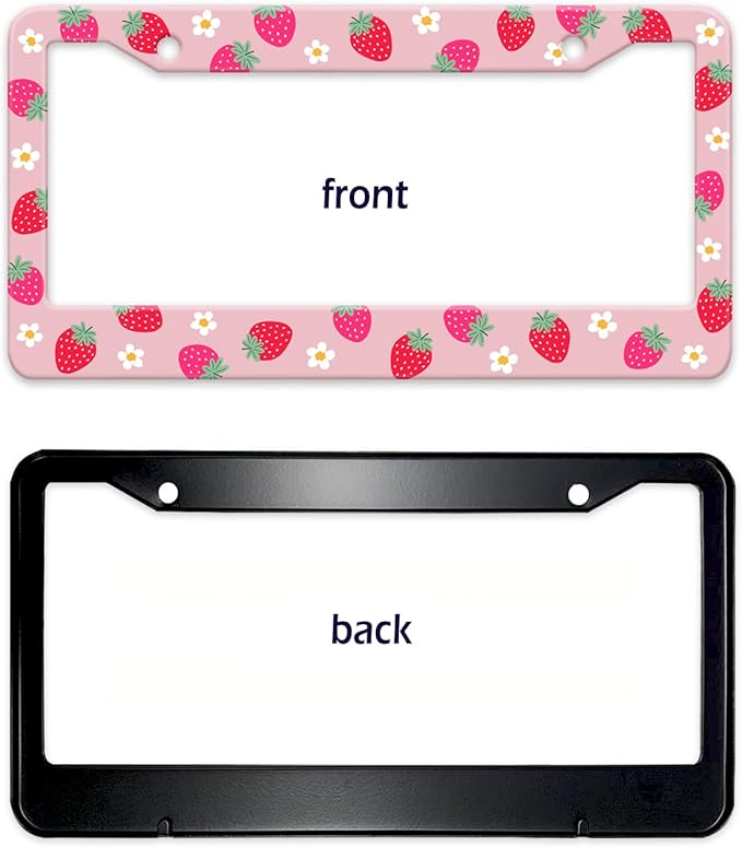 Cute Strawberry Printed License Plate Frame, Strawberry and Flowers Frames Holder Covers, Metal Aluminum Rustproof Car Accessories for Us Canada Standard Women Men 2 Holes with Screw Caps