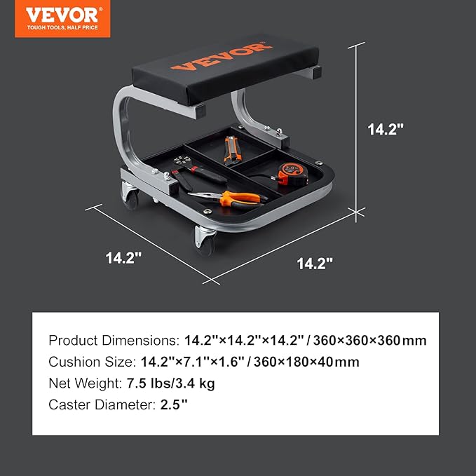 VEVOR Rolling Creeper Garage/Shop Seat, 250 LBS Capacity Padded Rolling Workshop Stool with Tool Tray Storage, Mechanic Stool for Garage, Shop, Auto Repair, Black