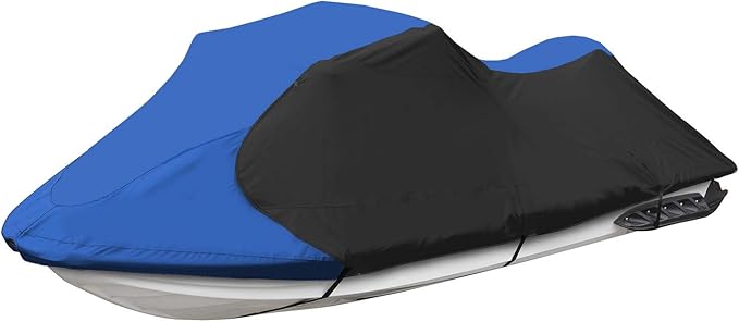 Trailerable Jet Ski Cover, Waterproof Marine Grade 600D Heavy Duty Polyester PWC Cover Blue/Black Color Fits from 103"-115" 1 or 2 Seater