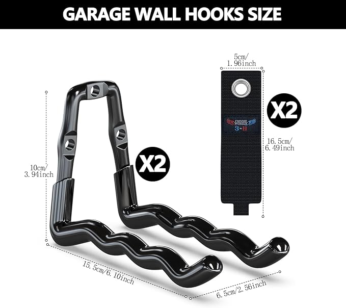 3-H Heavy Duty Garage Hooks 4 Pack, One-Piece Construction Garage Wall Hooks, Garage Hanger & Organizer Wall Mount for Ladders, Bikes, Chairs, WeedEaters, Shovels, Garden Tools (Black)
