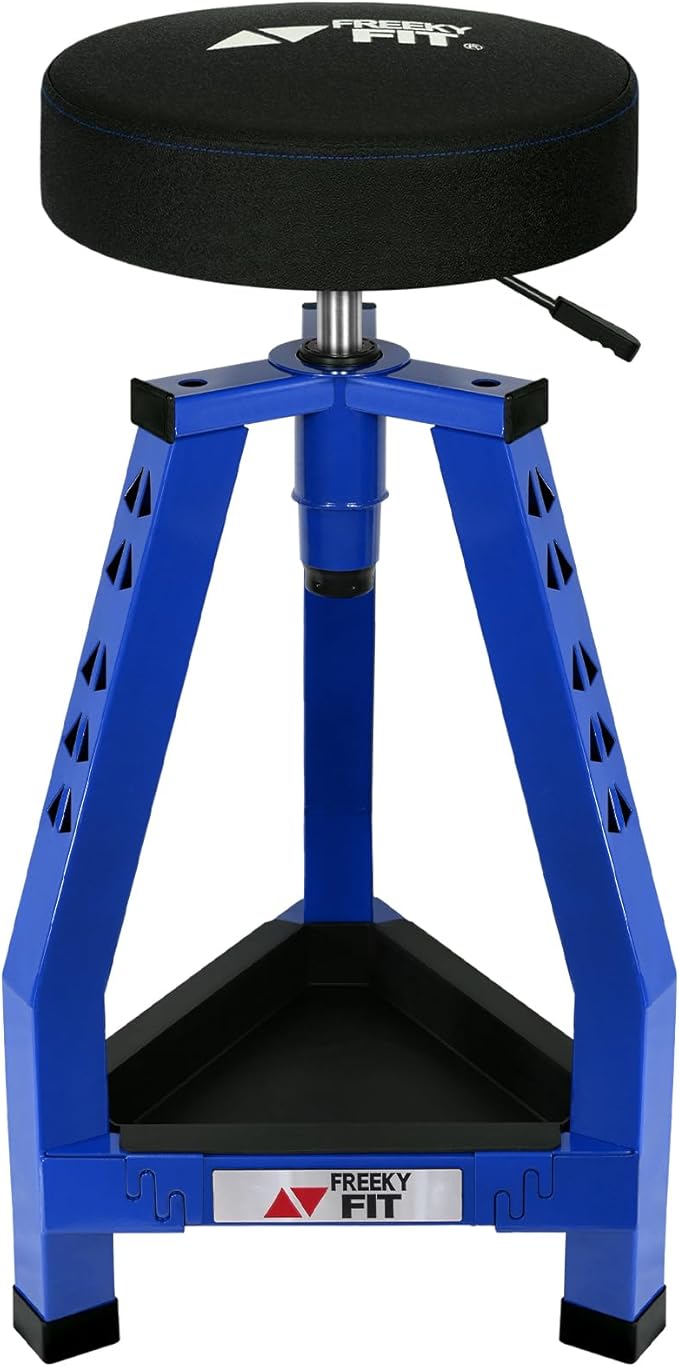 Adjustable Tall Shop Stool, Mechanics Garage Stool Chair, Work Metal Chair for Workshop, Adjustable Height, 360° Swivel Padded Seat, Tool Tray Storage, 350 LBS Capacity, Heavy Duty, Blue