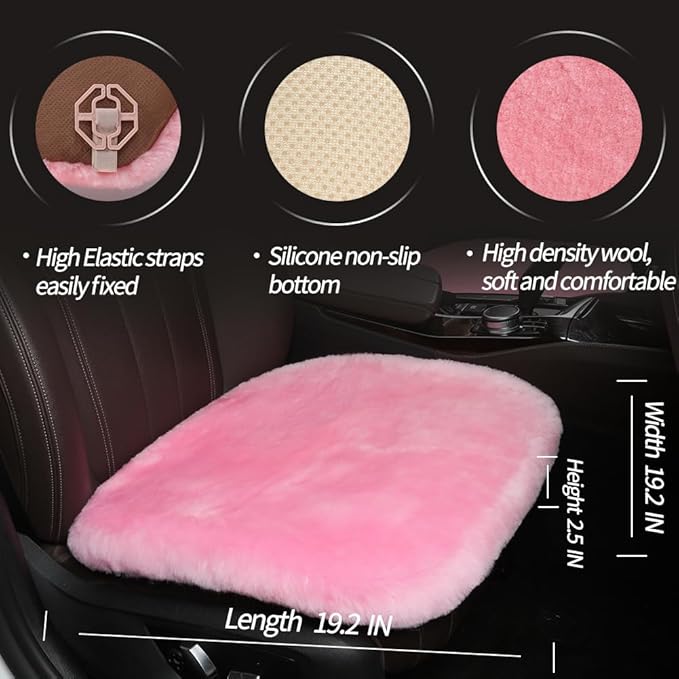 LLB Genuine Sheepskin Car Seat Cushion Seat Covers for Cars Trucks SUV Comfort Seat Protector Pad for Car Driver Seat Car Accessories for Women 19.2 X 19.2 in (Pink, Front Seat Cushion-1 Pc)