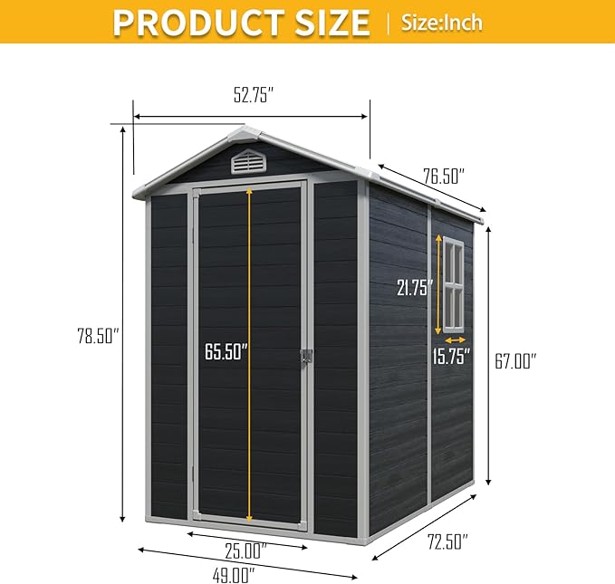 4x6 FT Outdoor Storage Resin Shed with Floor,Waterproof Plastic Garden Bike Shed with Lockable Door, Sloped Roof, Vents & Windows, Easy Assembly Tool Shed for Lawn, Backyard, Patio, Black