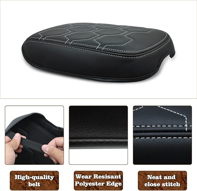 Muslogy for Frontier Center Console Pad Armrest Box Cover Vegan Leather Soft Accessories Armrest Lid Protector Compatible with Nissan Frontier 2022-2024 2025 (Regular Thick, V1 White Stitching)