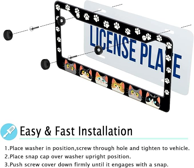 Cats Paw License Plate Frame, Cute Cartoon Cat Animal License Hloder Covers Tag, Metal Aluminum Rustproof Car Accessories for Us Canada Standard Women Men 2 Holes with Screw Caps