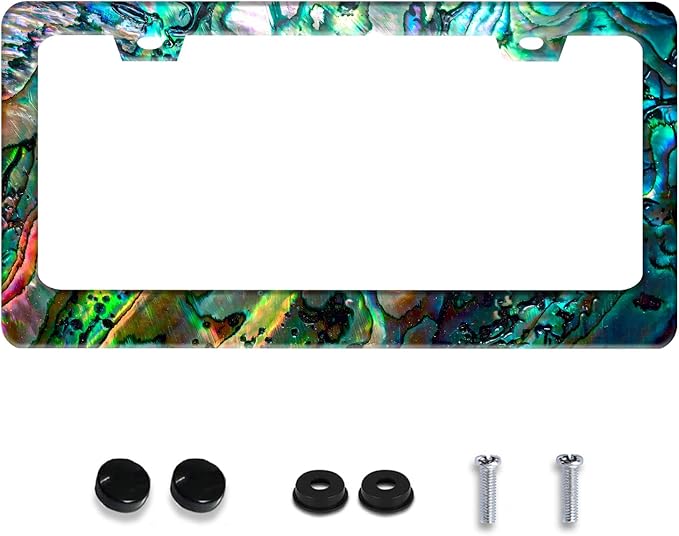 Personalized License Plate Frame Faux Abalone Stainless Steel Accessory Faux Shell License Plate Holder Funny Car Decorative 2 Holes Screws Fits Us Standard License Plates 12.2 X 6.3 in for Men Women
