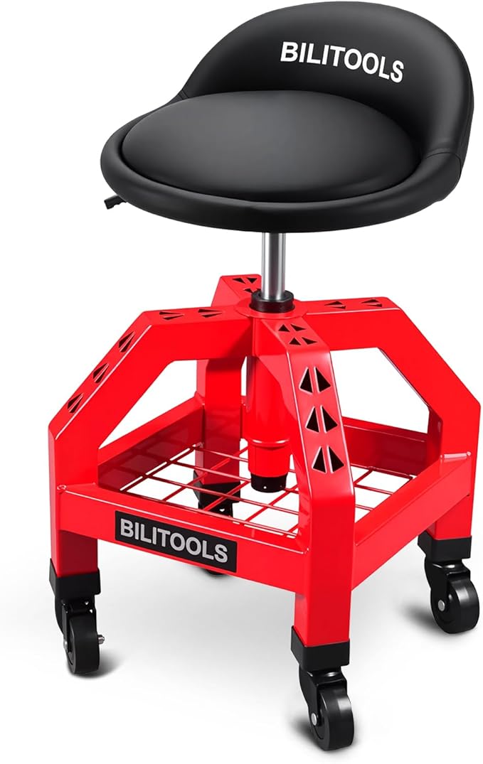 BILITOOLS Heightened Rolling Shop Stools with Wheels 26-33", Adjustable Garage Mechanic Stool Oversized Seat & Backrest, 300 LBS Shop Chair for Garage with Wheels Heavy-Duty Swivel Tool Tray Storage