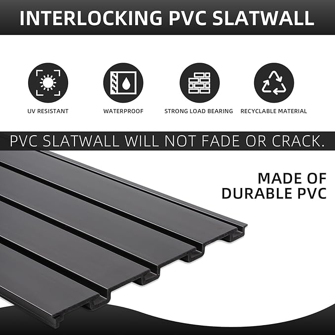 Slatwall Panel Garage Wall Organizer, Heavy Duty Wall Mounted Garage Slat Wall Storage Systems, PVC Wall Panels Slat Board, Slate Wall Black 4'W x 4'L