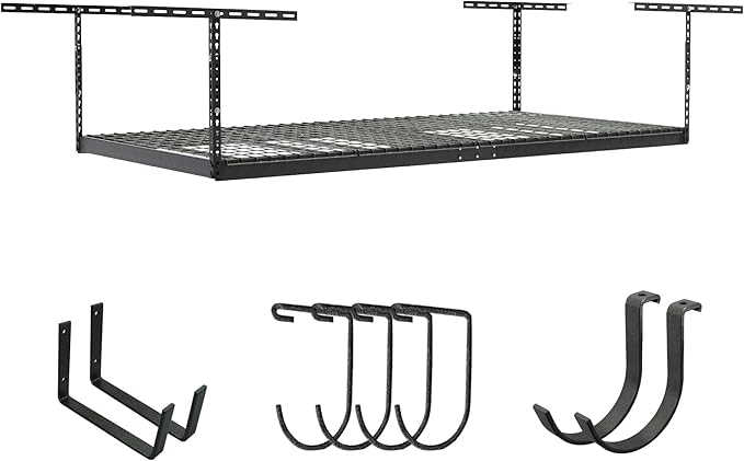 SafeRacks Overhead Storage Rack - Heavy Duty, 600 lb Capacity, Adjustable, Ceiling Mount for Garage 4x8 Hammertone (12"-21")