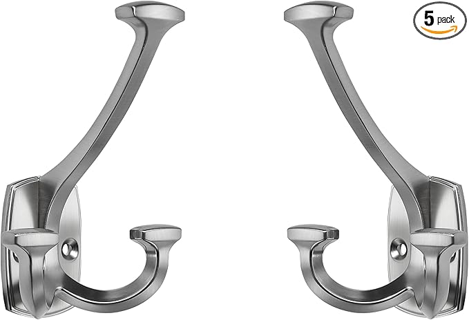 Large Wall Double-Sided Hook 5 Pack Brushed Satin Nickel Hook Decorative Heavy Duty Solid Large Coat Hooks for Towel Hanging Coats Robe Towel Bags Door Back 2 Prong Hooks