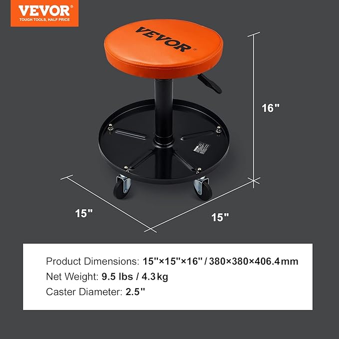 VEVOR Mechanic Stool, 250 LBS Rolling Pneumatic Creeper Garage/Shop Seat, Adjustable Height 16-22 inch in Padded Rolling Workshop Stool with Tool Tray, for Garage, Shop, Auto Repair, Black+Orange