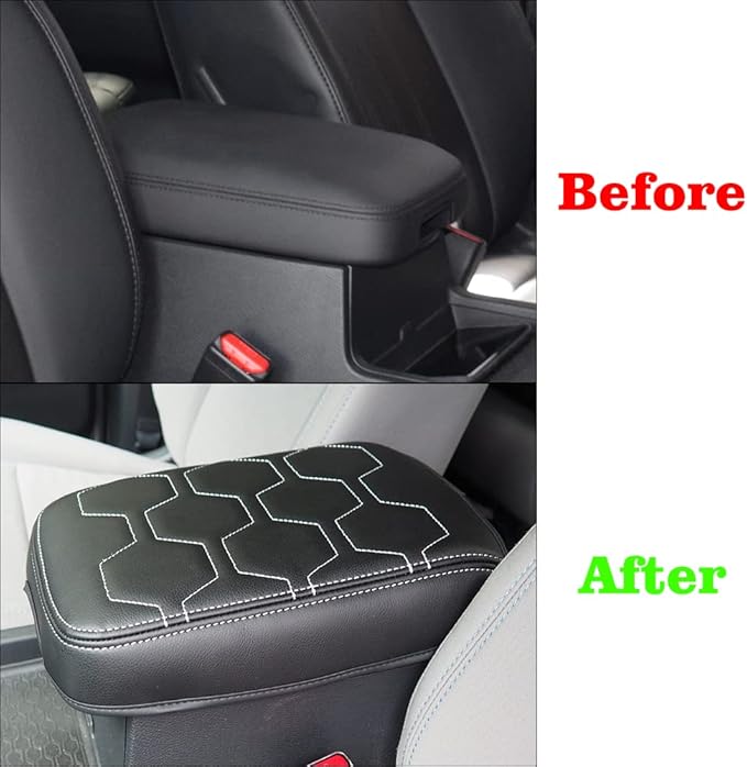 Muslogy for Frontier Center Console Pad Armrest Box Cover Vegan Leather Soft Accessories Armrest Lid Protector Compatible with Nissan Frontier 2022-2024 2025 (Regular Thick, V1 White Stitching)