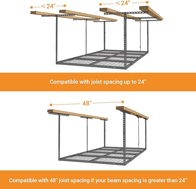 4ftx8ft Overhead Garage Storage Rack, Heavy-Duty Metal Garage Ceiling Storage Rack, 22''-40" Adjustable Ceiling Drop-Down, 600 lb. Loading Weight Capacity, Hammertone