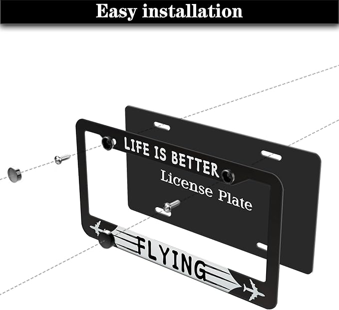 License Plate Frames Black and White Automotive Exterior Accessories Life is Better Flying Aluminum Metal Car Accessory 2 Pack with Screw Covers Set