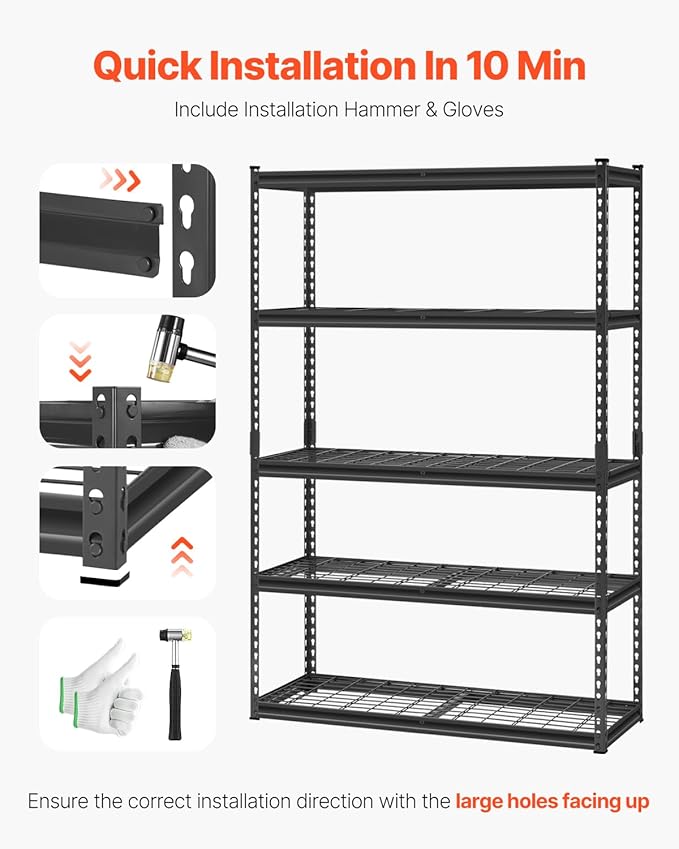 VEVOR Storage Shelves, 2500 lbs, 5 Tier Heavy Duty Garage Shelving, 18" D x 48" W x 72" H Adjustable Metal Shelves for Industrial Shelving Unit Utility Shelf, for Kitchen, Warehouse, Basement, Black