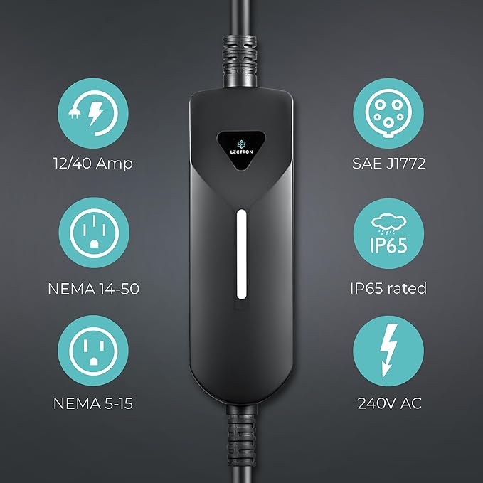 Lectron Level 1 / Level 2 EV Charger (12 Amp / 40 Amp) with Dual Charging Plugs (NEMA 5-15 & 14-50) - Portable Electric Car Charger Compatible with All J1772 EVs (Black)