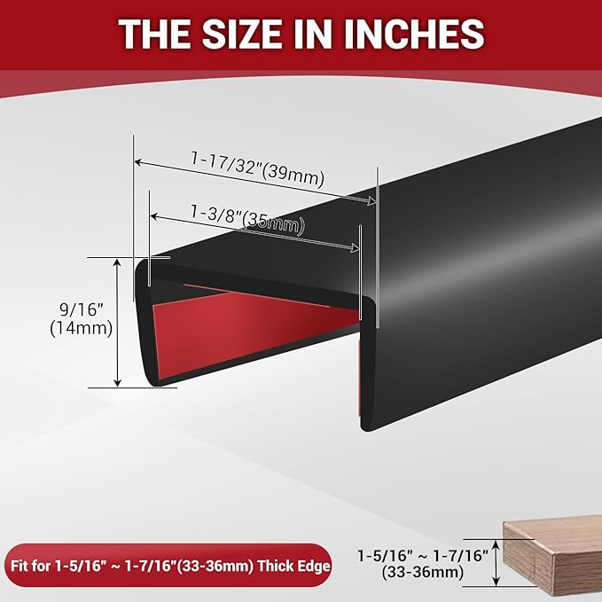 Rubber Edge Trim, Flexible Self-Adhesive U Shaped Peel and Stick Edge Banding, 1-3/8"(35mm) U Channel Edge Protector for Door Sides, Edge Guards for Woods, Furniture, 20Ft, Black Color