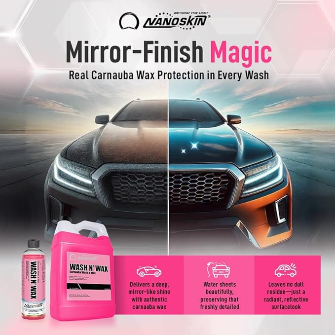 Nanoskin WASH N' WAX with Carnauba 55 gallons - Cleans & Shines in One Step | Works with Foam Cannon, Foam Gun, Bucket Washes, Pressure Washer | Carnauba Wax Protection for Cars