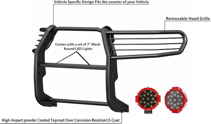 Black Horse Grille Brush Bumper Guard Modular Black Come with Pair of 7.0" Dia.LED Lights with Red Trim Rings Compatible with 2006-2014 Honda Ridgeline-17A152500A1MA-PLR