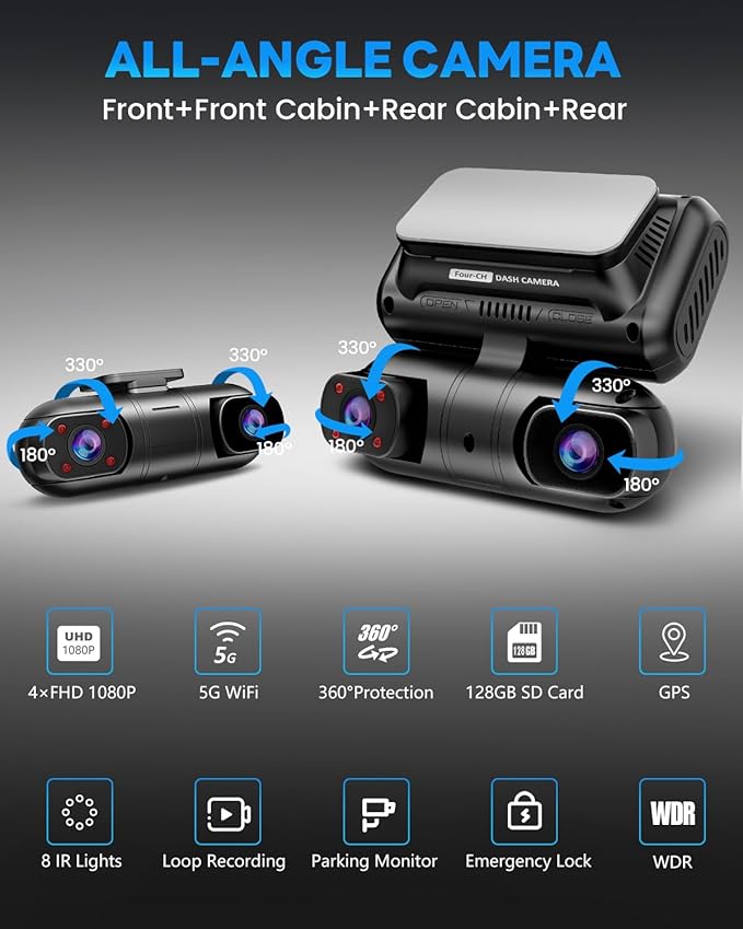 SPRLEAF 4 Channel Dash Cam with Front Cabin Rear Cabin Cameras, 360 Degree View Dash Camera for Cars, Built-in GPS, 5GHz WiFi, IR Night Vision, 24H Parking Monitor, G-Sensor, Free 128GB Card, 1080P*4
