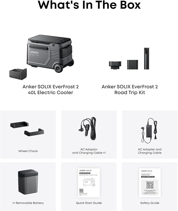 Anker SOLIX EverFrost 2 40L Cooler with Road Trip Kit, 42 qt Car Refrigerator, Electric Cooler with 288Wh Battery, Powered by AC/DC or Solar, for Camping, Travel, Fishing (Only 1 Battery Included)