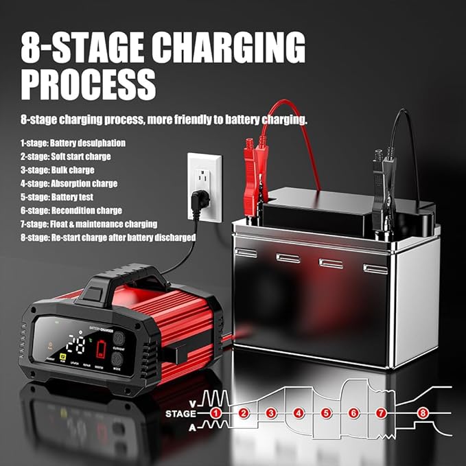 YONHAN 25A Battery Charger & Maintainer,12V/24V All-in-One Charger for LiFePO4, Lead Acid, AGM, Lithium, Marine, Boat, and Deep Cycle Batteries,5-Level Adjustable Current, Booster Mode,Trickle Charge