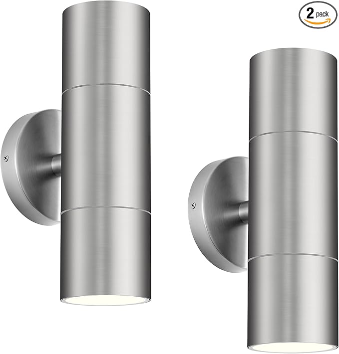 Ken & Ricky 2 Pack Stainless Steel Outdoor Wall Lights, Up Down Exterior Lighting Fixtures, Cylinder Outdoor Sconce Lights, Brushed Nickel Patio Wall Light Fixture, KR3305-SS-2PK