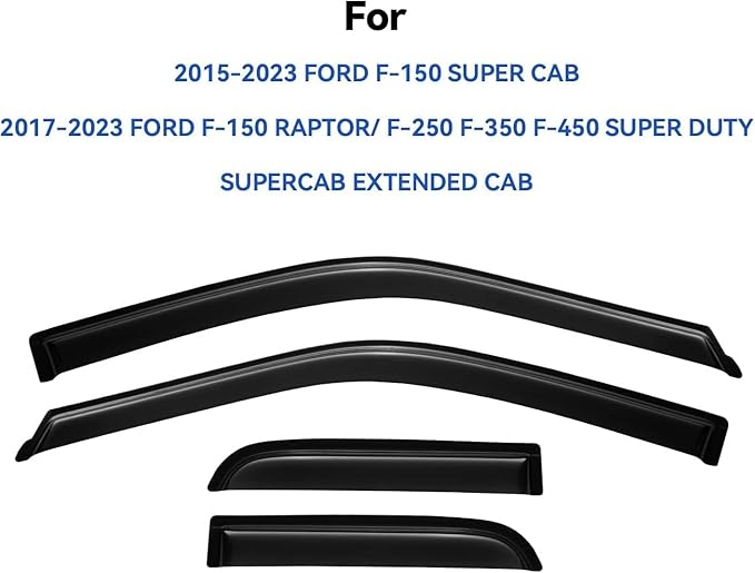 Window Visors Rain Guards for 2015-2024 Ford F150 SuperCab, Out-Channel Window Vent Wind Deflectors Visors Shades for 2017-2024 Ford F150 Raptor/ F250 /F350/ F450 Super Duty Extended Cab