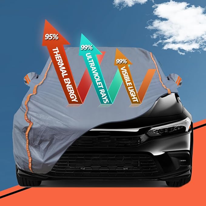 TUCAREST 6-Layers PEVA Premium Full Car Cover Fit for Sedan hatchback Pickup SUVs MPV Rain and snow protection, sun protection, UV protection, and protection of car paint surfaces-Silver Grey -Up 198"