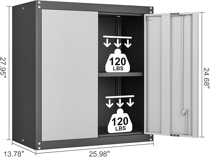 LUCYPAL Garage Wall Cabinet,Metal Wall Storage Cabinet with Adjustable Shelf and Locking Doors,Floating Utility Cabinets for Warehouse/Basement/Kitchen (Black&Grey,27.95" H)