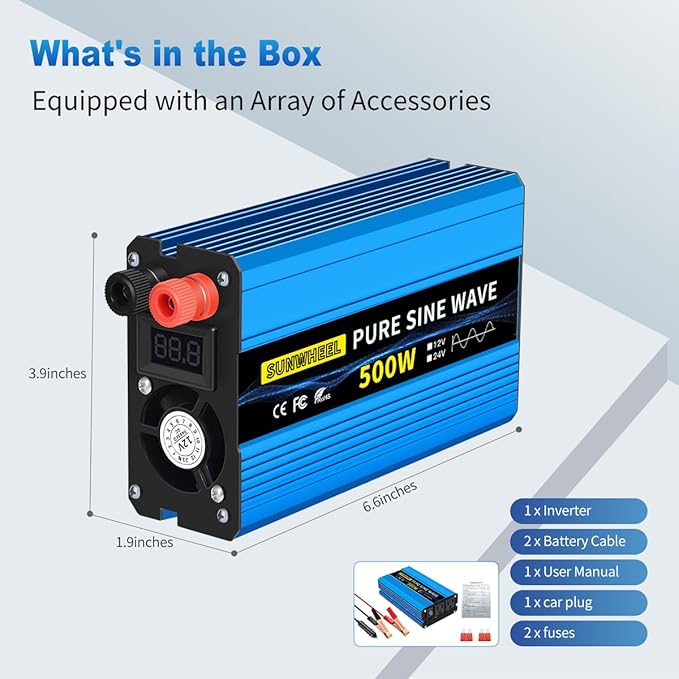 SUNWHEEL 500W 24V Pure Sine Wave Inverter, DC 24V to AC 110V/120V Car Power Inverter, Peak Power 1000W Car Plug Adapter Outlet Converter with Dual AC Sockets and LCD Display