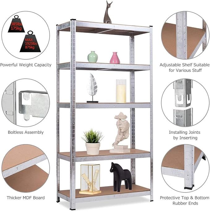 ERGOMASTER 5 Tiers Steel Shelves for Storage Heavy Duty Garage Organization Utility Shelf Rack for Books, Kitchenware and Tools Bolt-Free Assembly 72 x 16 x 72 inches (Set of 2,Silver)