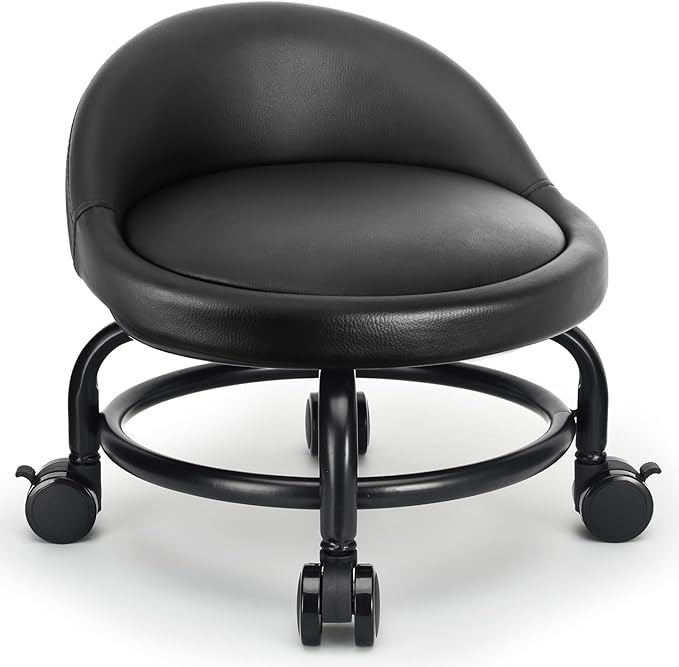 Rolling Stool with Backrest Low Height Rolling Stools, Low Roller Stool Chair, Roller Seats for Home, Office, Garage, Shop, Library