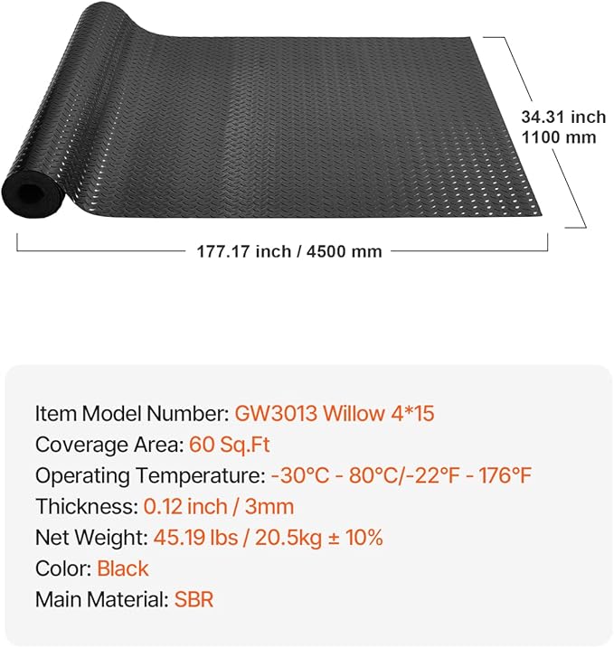 VEVOR Diamond-Plate Flooring Roll, SBR Rubber Mat, Easy to Clean, Gym & Garage Industry, Black