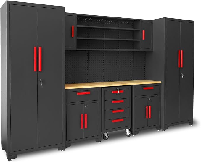 Torin Garage Storage Cabinets System, 8-Pcs Workshop Cabinet Set in Black, Included Steel Cabinets Drawers Rolling Chest and Pegboard,Locked Garage Storage Cabinet