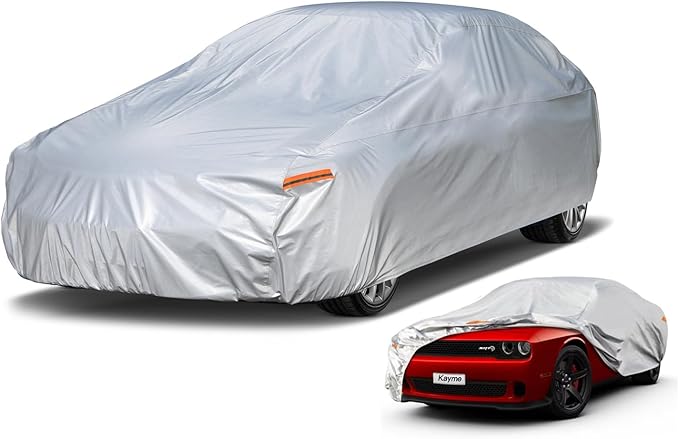 Kayme 6 Layers Car Cover Custom Fit for Dodge Challenger Hellcat (2008-2025) Waterproof All Weather for Automobiles, Outdoor Full Cover Rain Sun UV Protection.Silver