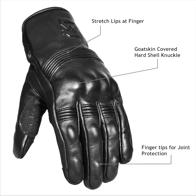 Leather Motorcycle Gloves for Men and Women | Touchscreen | Full Finger | Goatskin Leather Hard Knuckle Motorcycle Riding Gloves (Un-Perforated, X-Large)