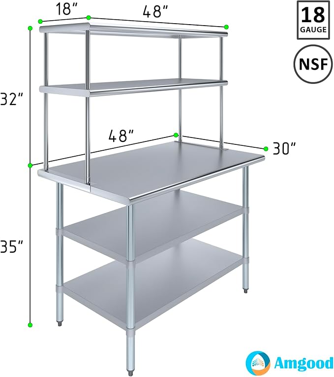 Amgood Stainless Steel Work Table with 2 Shelves | Metal Kitchen Prep Table & Shelving Combo (30" x 48" Table with 2 Shelves + 18" Overshelf)